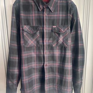 Dixxon Klock Werks Men's Large  Black Plaid Button-Up Shirt with Red Windowpane